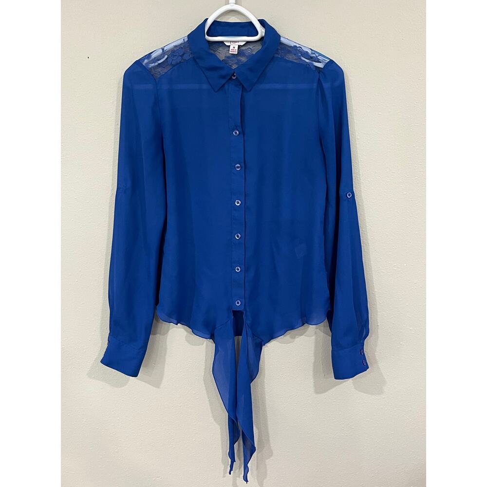 Candie’s Sheer Lace Blouse Womens Medium Blue Button Up Sheer Top - Picture 2 of 13